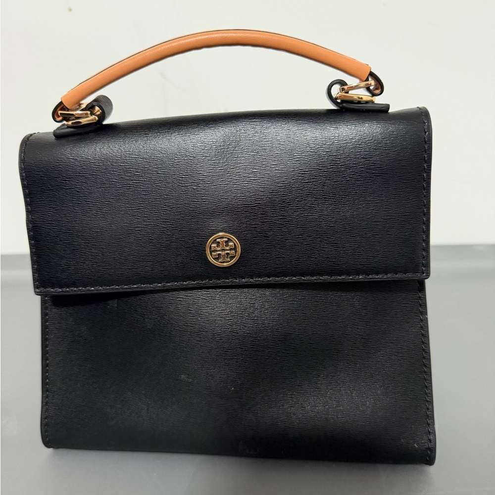 Tory Burch Black Satchel with Tan Top Handle and Gold Logo